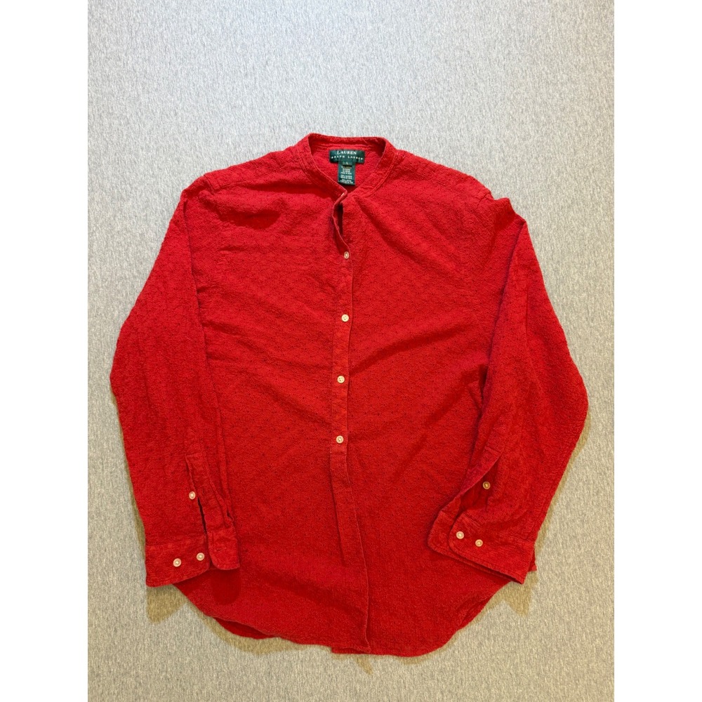 Lauren Ralph Lauren Red Eyelet Mandarin Collar Roll Tab Button Down Shirt Large